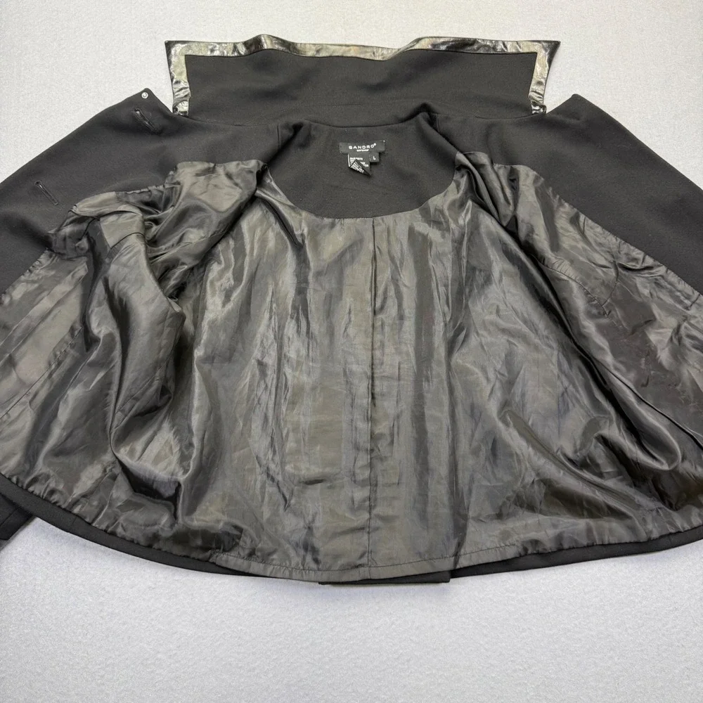 Sandro Sportswear‎ Womens Black Cropped Jacket Faux Leather Trim Size L Collared